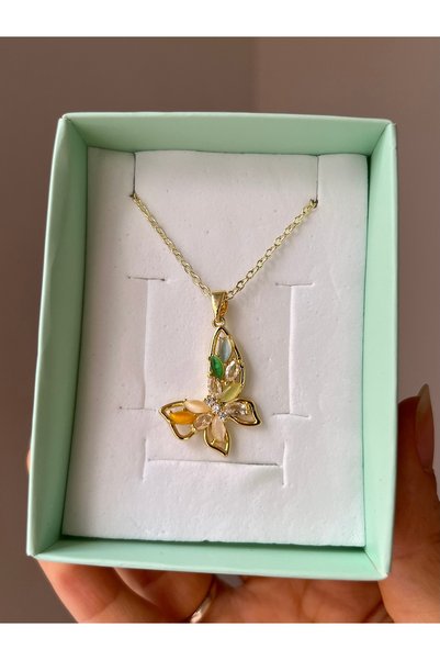 Rose and Light Colorful Jewelled Butterfly Necklace