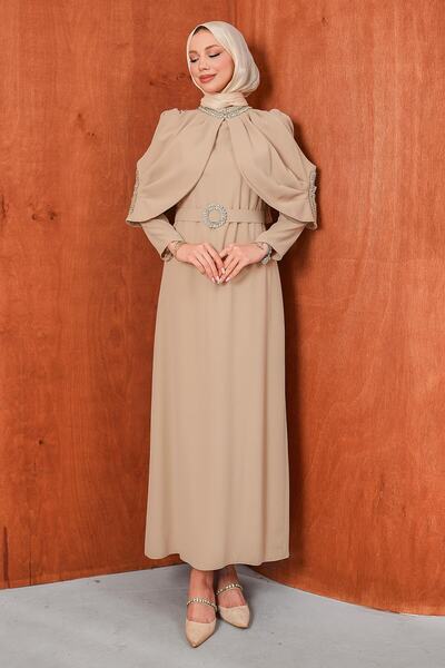 İmajButik Μπεζ Ζωηρό Βραδινό Φόρεμα σε Μεγάλο Μέγεθος