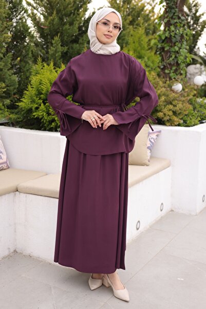 İmajButik Plum Lace Detailed Skirt Set