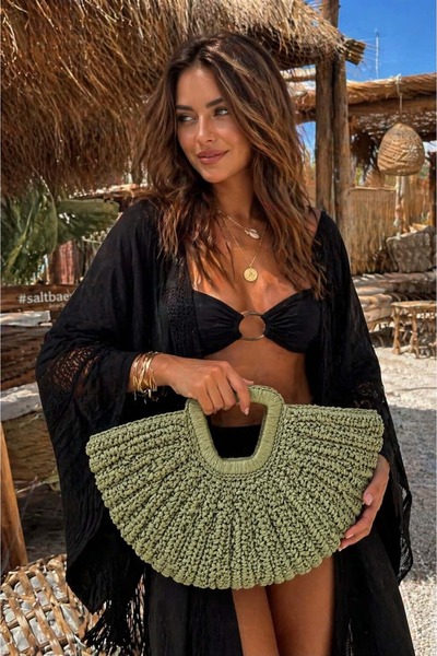 MARBERRY Γυναικεία τσάντα από ψάθα, πλεκτή στο χέρι, σε χρώμα μέντας – 45x20 εκ.