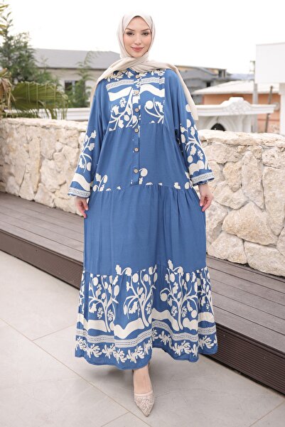 İmajButik فستان فيسكوز أزرق بأكمام نصفية وأزرار مطاطية