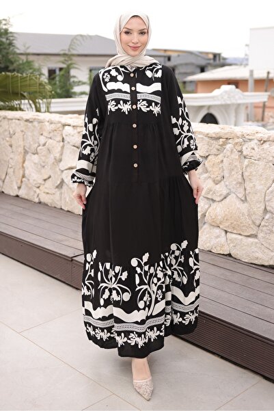 İmajButik Siyah Yarım Düğmeli Kol Lastikli Viskon Elbise