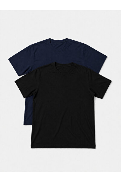 Erkek 2'li Paket Siyah-Lacivert Slim Fit Dar Kesim %100 Pamuk Bisiklet Yaka Tişört