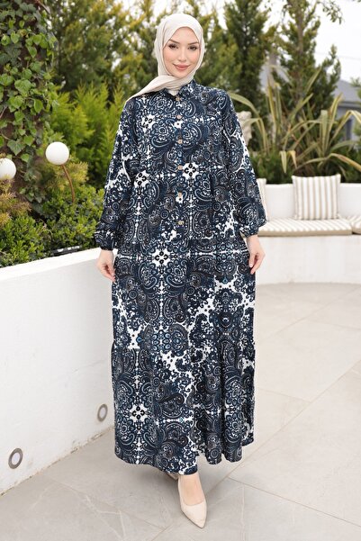 İmajButik Μπλε ναυτικό φόρεμα βισκόζης με μισά κουμπιά και ελαστικά μανίκια