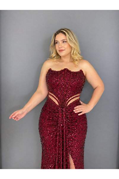 gökkuşagı moda Bordo Straplez Bel Transparan Yırtmaçlı Payet Uzun Abiye Elbise