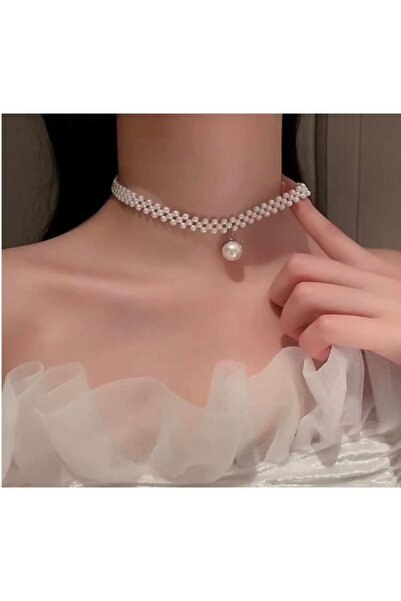 SmY Bag Design Choker Necklace with Pearls Adjustable Cream Color