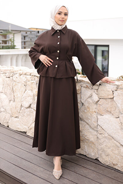 İmajButik Καφέ Σετ Πουκάμισο και Φούστα με Ραφές Κοντοράμματα