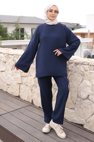 İmajButik Navy Blue Spanish Sleeve Tunic Pantsuit