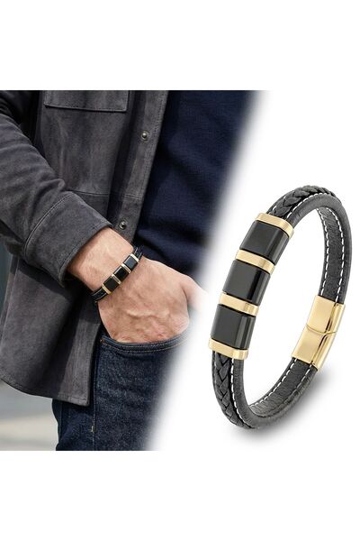 FM 💎   Premium Yellow-Black 316L Steel and Hair Braid Men's Leather Bracelet...
