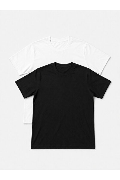Erkek 2'li Paket Siyah-Beyaz Slim Fit Dar Kesim %100 Pamuk Bisiklet Yaka Tişört