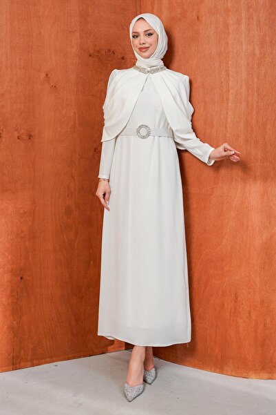 İmajButik Εκρού Ζωηρό Βραδινό Φόρεμα Μεγάλου Μεγέθους