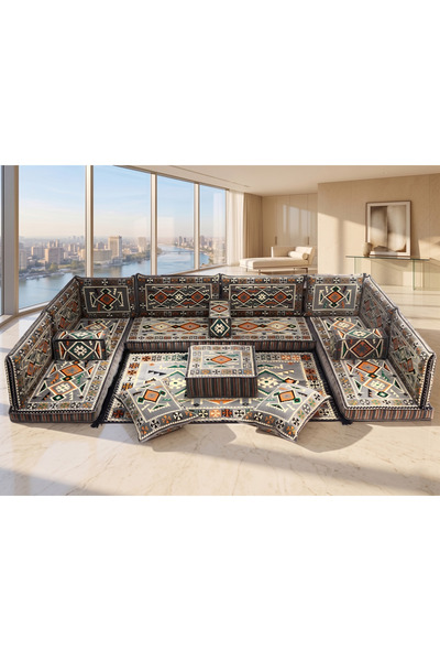 FEYZA DECOR HOME Anadolu Desen Full Set Şark Köşesi Takımı – Otantik Köşe Min...