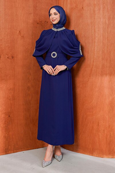 İmajButik Navy Blue Plus Size Collar Stone Detailed Evening Dress
