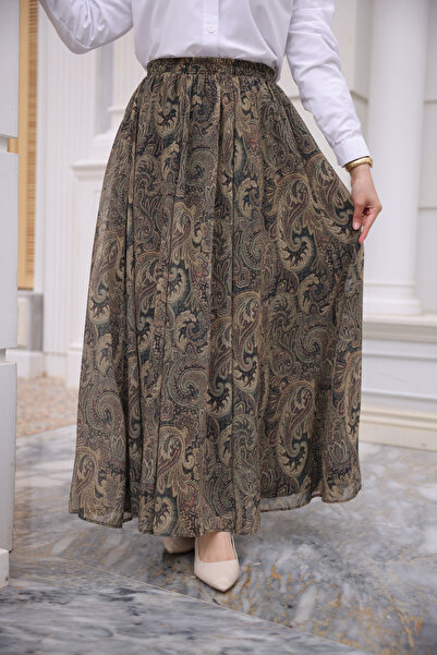 İmajButik Khaki Elastic Waist Lined Chiffon Skirt