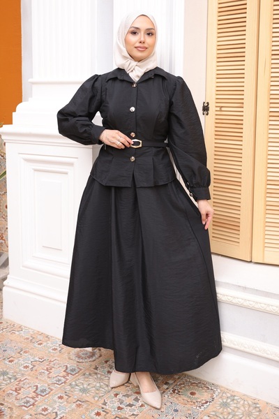 İmajButik Black Belted Buttoned Shirt and Skirt Set