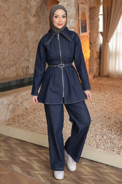 İmajButik Blue Zippered Belted Jacket and Trousers Set