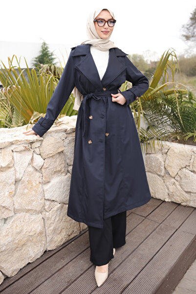 İmajButik Μπλε ναυτικό μπουφάν με διπλό στήθος και κουμπιά στο γιακά