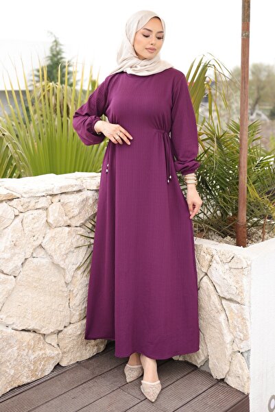 İmajButik Μωβ φόρεμα με λαιμόκοψη ποδηλάτου και ελαστικές τραβέρσες στη μέση ...