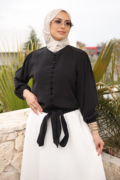 İmajButik قميص أسود بأكمام مطاطية وربطة خصر