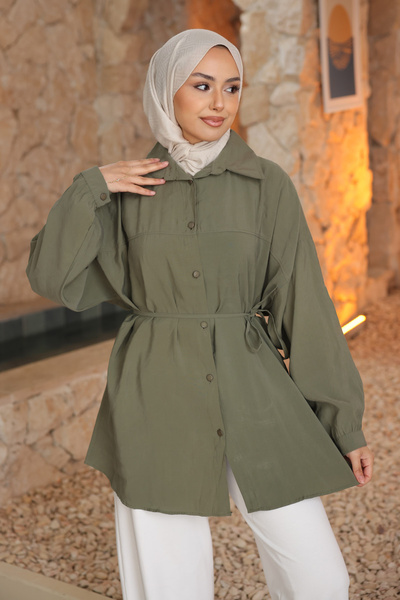 İmajButik Πουκάμισο από υφαντό ύφασμα Modal με λεπτομέρεια από χακί λωρίδες κ...