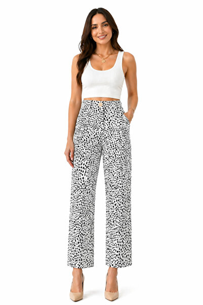 Neden Tekstil Γυναικείο παντελόνι με μαύρο και λευκό σχέδιο και φαρδιά μπατζάκια