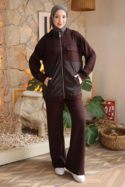 İmajButik Καφέ συνδυασμός υφασμάτων Σετ Modal με Παντελόνι Τουνίκ