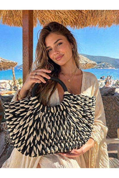 MARBERRY Μαύρη Χειροποίητη Ψάθινη Γυναικεία Τσάντα – 40x25 εκ.