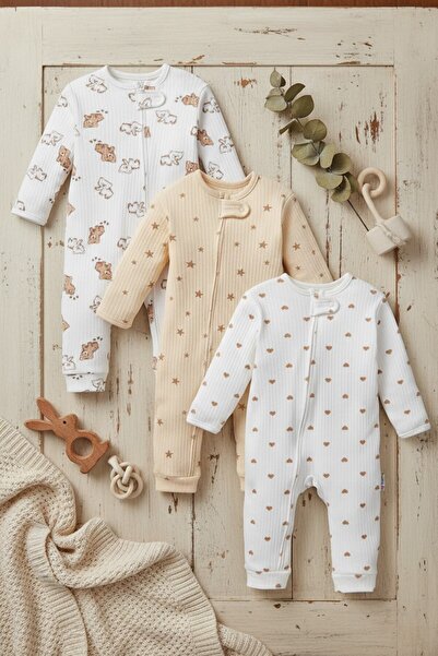 Mou&Kou Unisex Baby Rompers Set of 3 9-18 Months Zippered Cotton Ribbed Teddy...