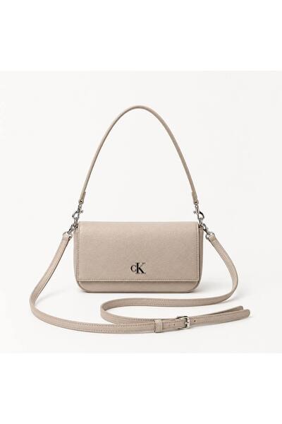 Calvin Kelin Women's Beige Bag Metallic Ck Logo with Magnetic Closure Silver