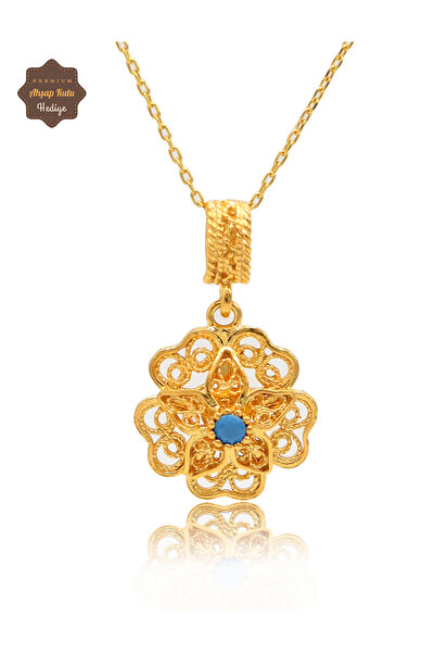 Midyat Nurtaş Gümüş Firuze Taşlı Gül Model Gold Kaplama 925 Ayar Gümüş Telkar...