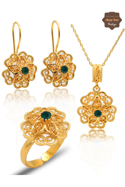 Midyat Nurtaş Gümüş Zümrüt Taşlı Gül Model Kadın Gold Kaplama 925 Ayar Gümüş ...