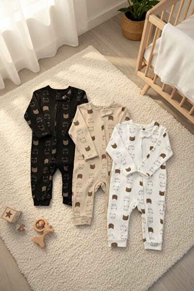 Mou&Kou Unisex Baby Rompers Set of 3 9-12-18 Months Zippered Cotton Ribbed Te...