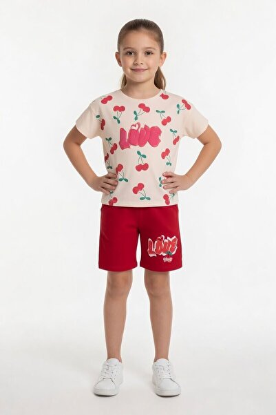 Cansın Mini Κόκκινο μπλουζάκι με σχέδιο κεράσι και στάμπα  "Love " με σορτς γ...