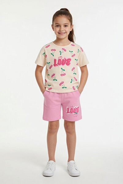 Cansın Mini Σετ κοριτσίστικο με μπλουζάκι με σχέδιο ροζ κεράσι και στάμπα  "L...