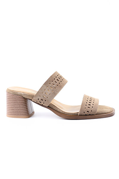 Tuna Γυναικείες παντόφλες από γνήσιο δέρμα σουέτ με τακούνι ελιάς - Rgn3120