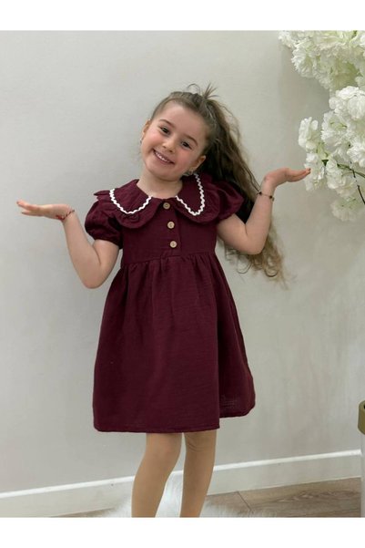 RÜYA KİDS Girl's Summer Baby Collar Holiday Cotton Burgundy Stylish Comfortable Dress
