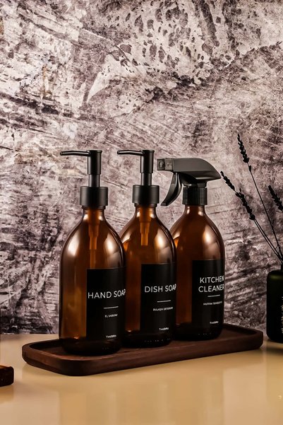 TheBRo 500ml Black Series Hand Soap, Dishwashing Detergent, Kitchen Cleaner Set with Wooden Stand