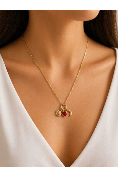 Egolinda Gold Charm Kolye Kadın – Güneş Ay Kalp Figürlü Minimal Çelik Kolye Ş...