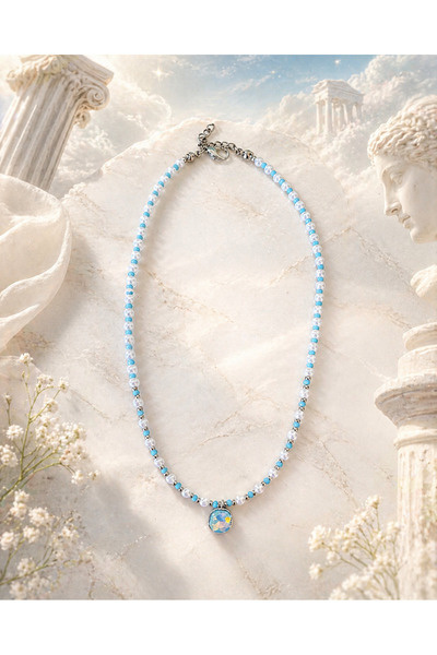 Helen Atelier Celeste - İnci Boncuklu Mavi Detaylı Opal Taş Charm Kolye