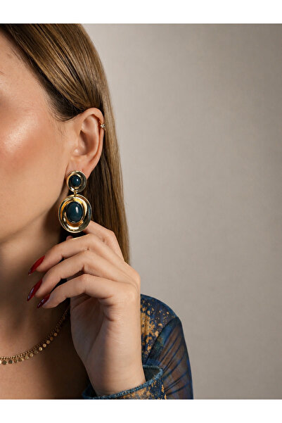 Roseliere Jewelry Altın Kaplama Lacivert Taşlı Büyük Küpe Kadın Vintage Şık S...