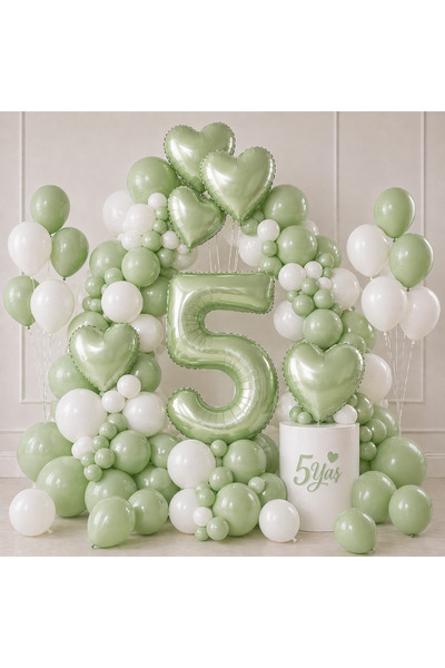 TATLI GÜNLER 5 Yaş Doğum Günü Balon Seti Küf Yeşili Beyaz Kalp Folyo Konsept ...