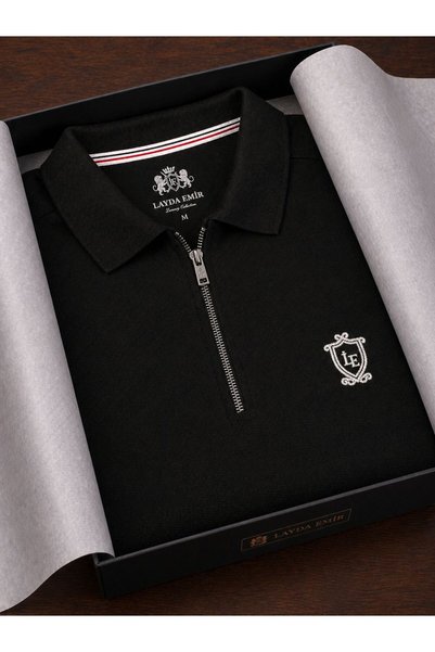 ilayda emir Men's Polo Collar Zippered Sweatshirt with Chest Emblem, 100% Cotton, Casual and Stylish
