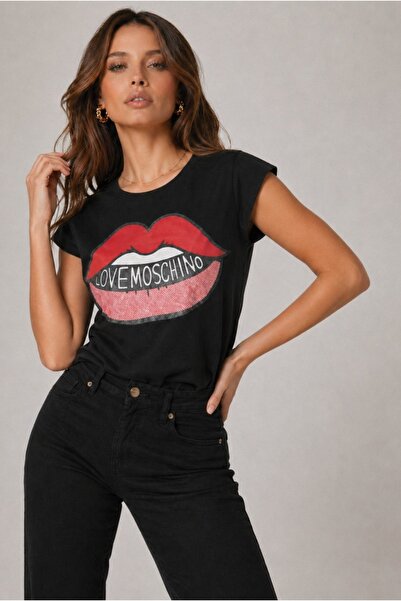 Love Moschino تي شيرت قطني مطبوع عليه شعار Lips Print