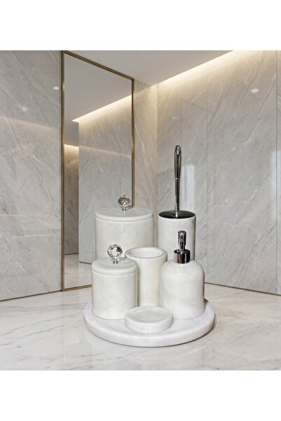 STONİSH HOME DEKORASYON elmas kulplu 7 li beyaz mermer banyo seti