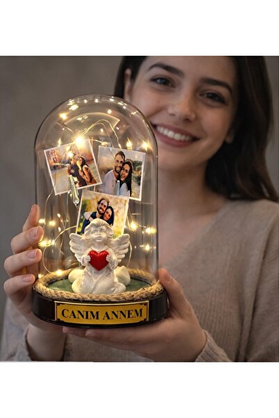 Anneler Günü Hediyesi Kişiye Özel 3 Fotoğraflı Led Işıklı Melek Annem Temalı Fanus