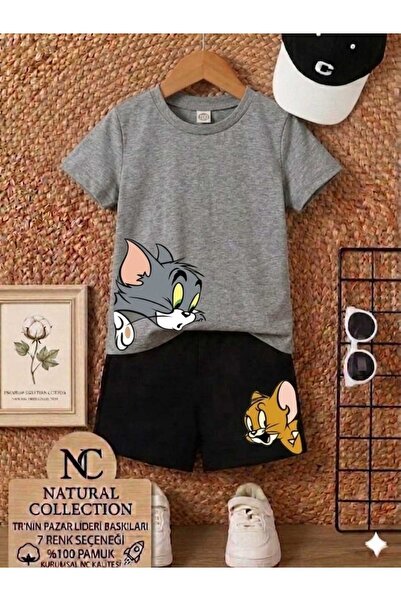 Nice Clothes تي شيرت صيفي للأطفال شورت للجنسين (طقم علوي رمادي وسفلي أسود)
