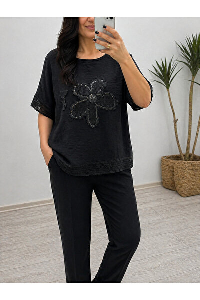 MENSAR OTANTİK Linen Daisy Embroidered Net Detailed Blouse Standard 38/48