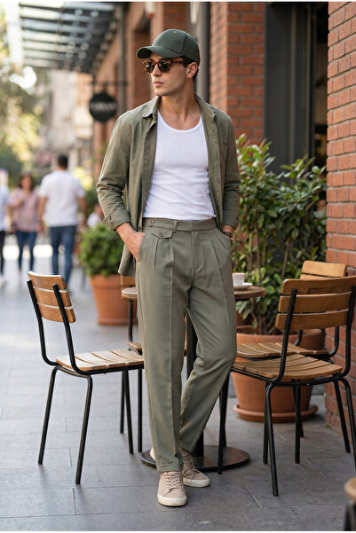 MADZEYMODA Ανδρικό παντελόνι Boyfriend με πλισέ διπλό πόδι από ύφασμα χακί MZ...