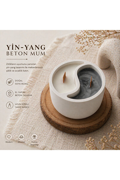 - YinYang Siyah Beyaz Dekoratif Ahşap Fitilli Beton Mumluk ve Soya Mum