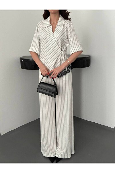 LOKADI Μαύρο και λευκό ριγέ κοστούμι με διπλό στήθος, δαντέλα και λεπτομέρειε...